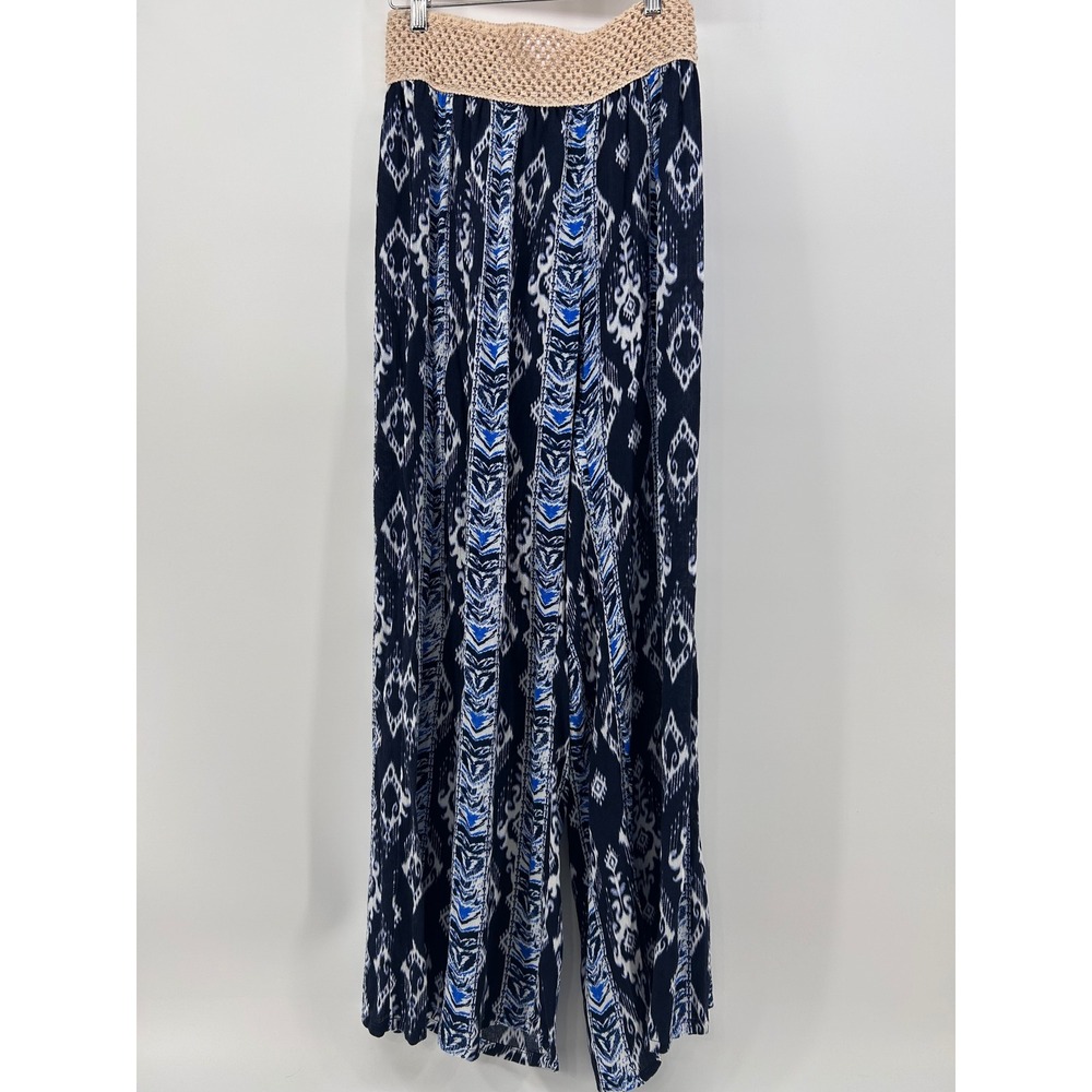 NEW About a Girl Palazzo Pants Navy Blue Ikat  Wide Crochet Stretch Waist XL